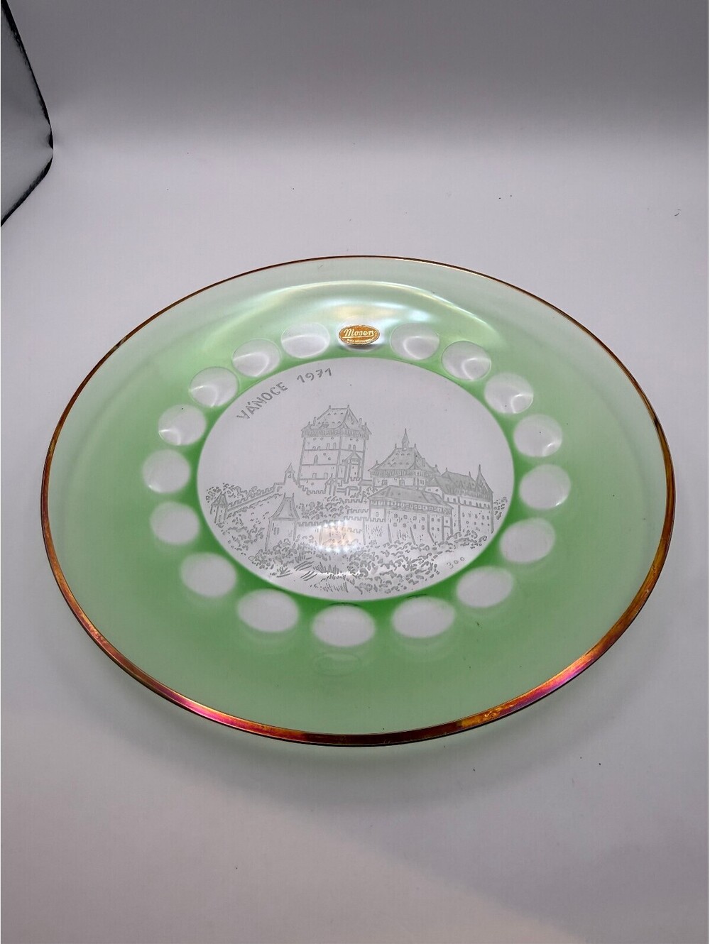 Moser Vanoce 1971 Green Glass Christmas Plate #300/1000 Karlstein Castle Box